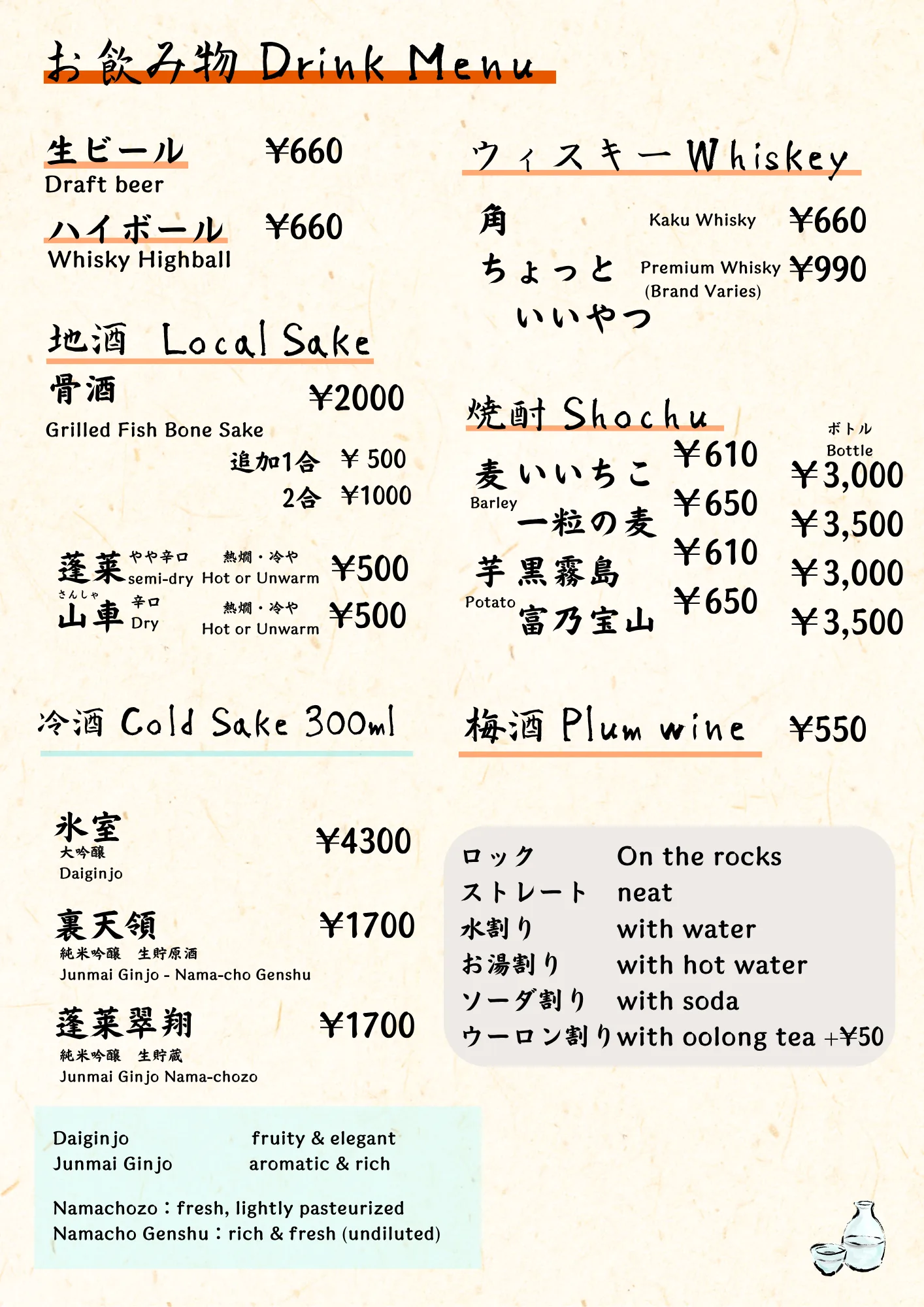 ドリンクメニュー(生ビール・ハイボール・地酒・冷酒・ウィスキー・焼酎・梅酒)